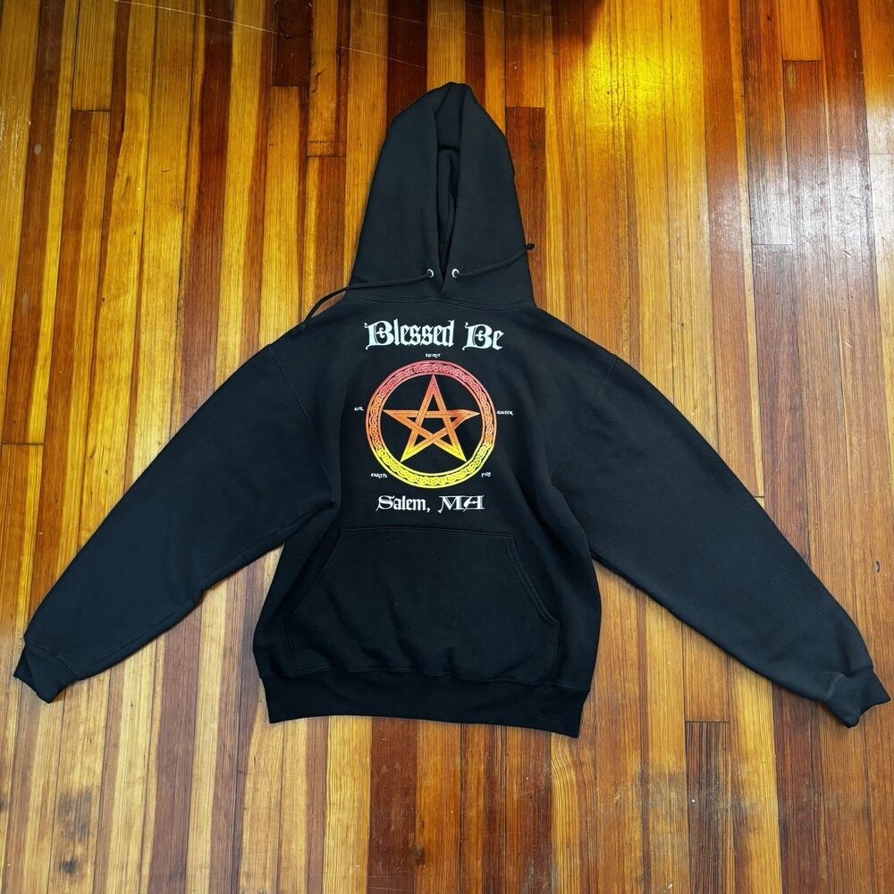Jerzees NuBlend Salem MA Blessed Be Pentacle Goth Witchy Hoodie Small Black